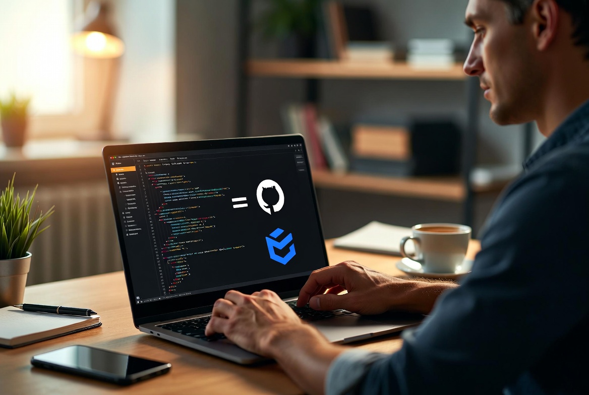 Developer at a laptop with code open next to GitHub and Workers icons
