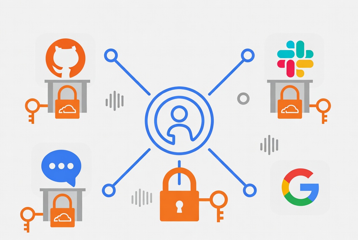 Central user node connected through locked gates and keys to GitHub, Slack, Google, and other services