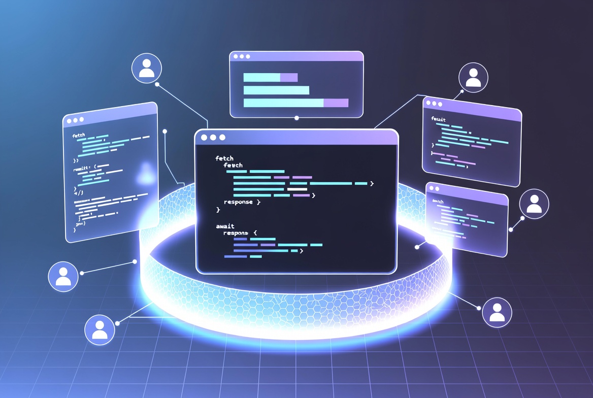 Holographic code windows and agent icons inside a glowing protective barrier on a digital grid