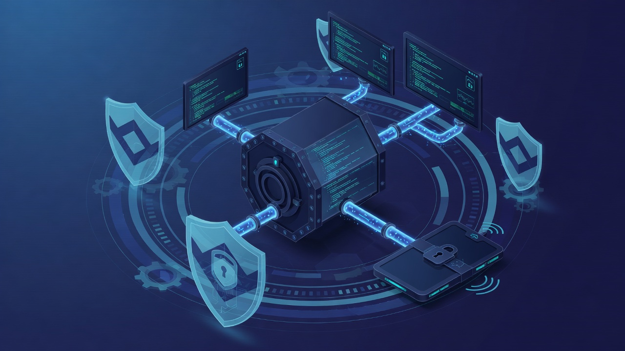 Isometric illustration of a sealed daemon core connected to terminals and a locked remote device
