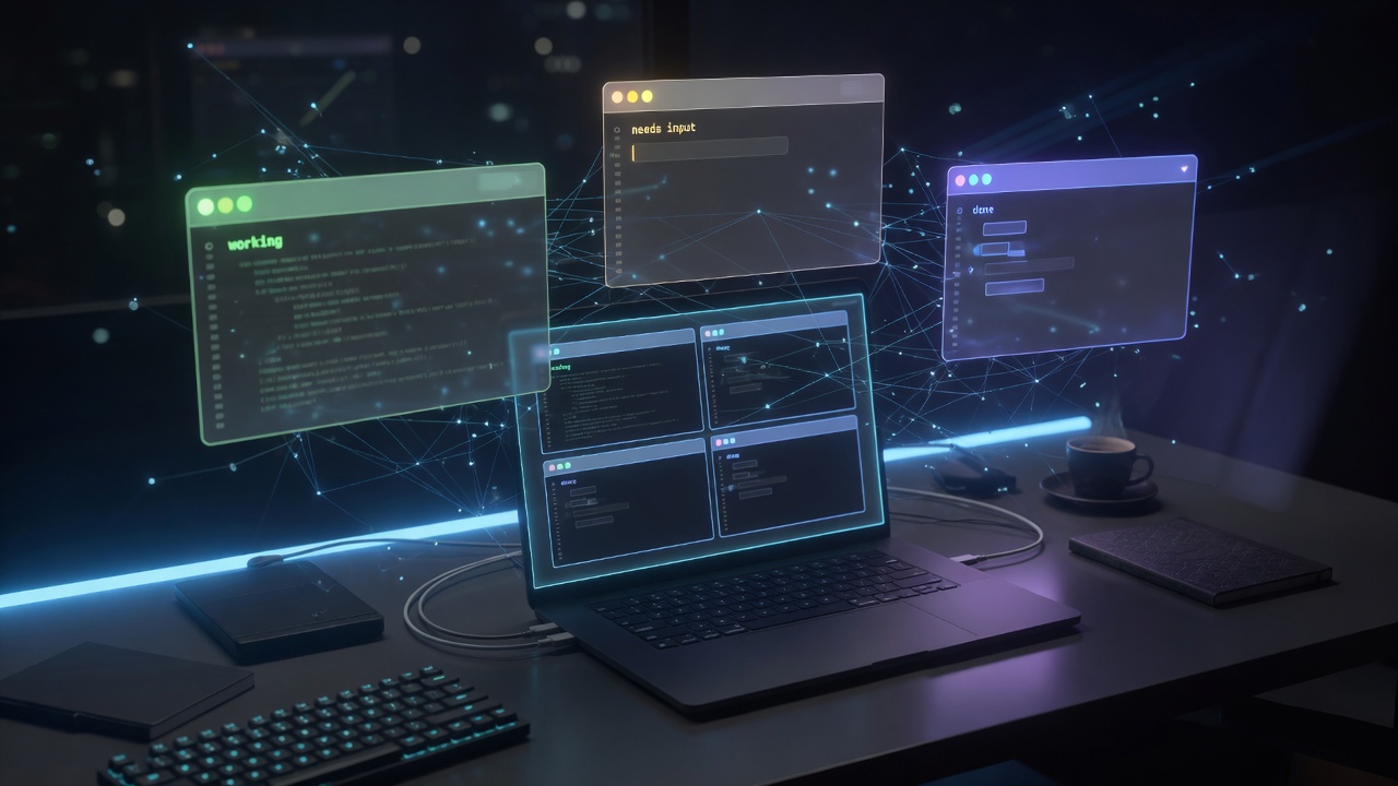 Cinematic desk scene with floating multi-agent terminal windows over a laptop
