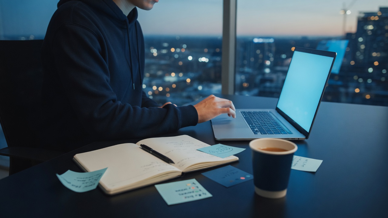 Engineer at a desk with notebook and laptop, city lights at dusk, preparing a hands-on test