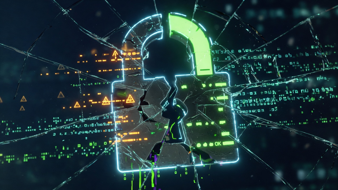 Neon padlock split between green pass indicators and amber warning lights